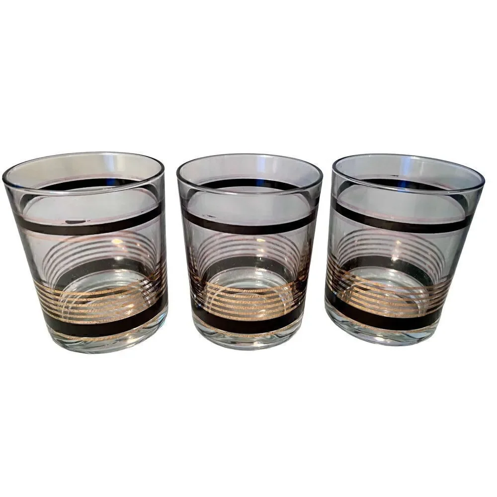 VTG SET 3 MCM Black & Gold Stripe STRIPED Low Ball Rocks Bar Glasses Whiskey